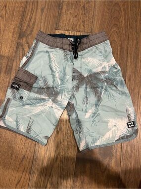 Billabong Boys Teal & Brown Palm Print Swim Trunks